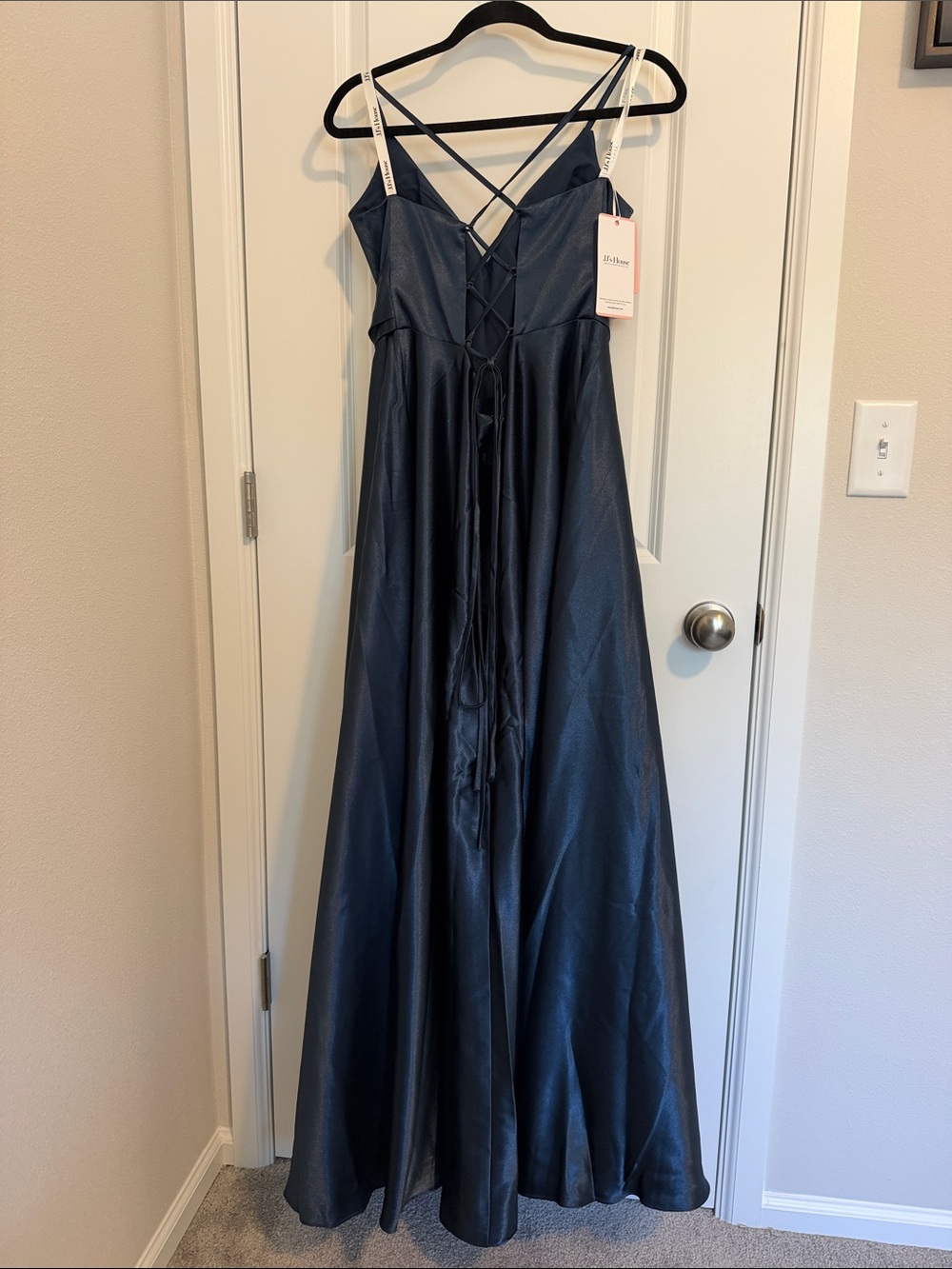 JJs House Midnight Blue Satin Crisscross Strap Prom Gown - Picture 2 of 5